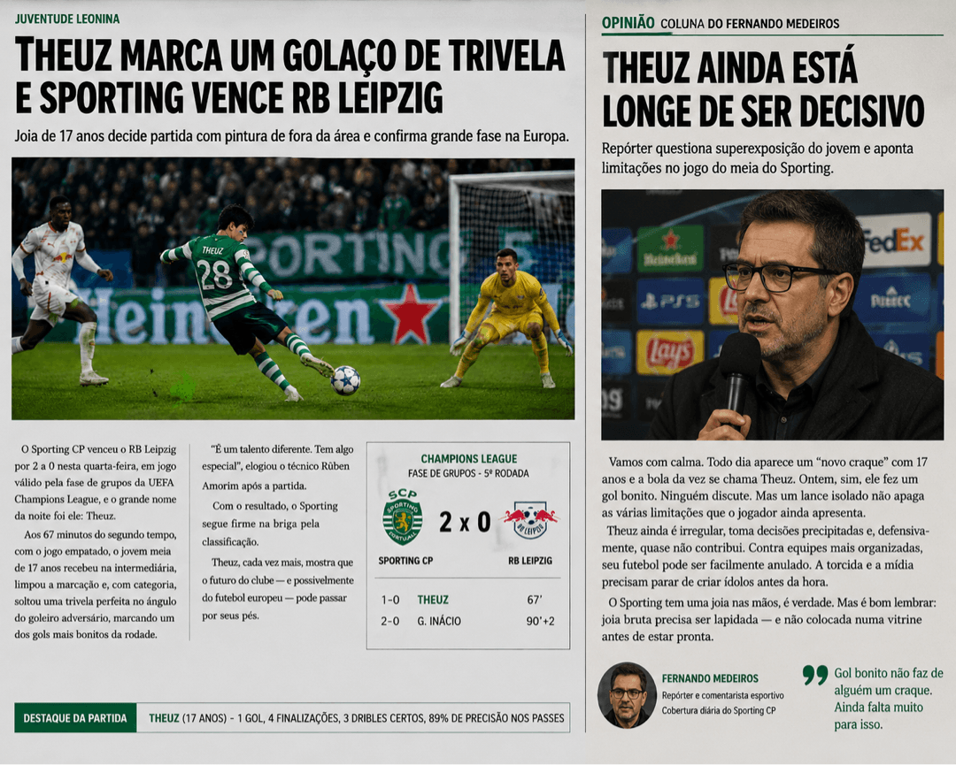 Theuz decide com golaço de trivela,é uma assistência,Sporting vence o RB Leipzig por 2x0 e jovem promessa volta a brilhar na Champions. E…