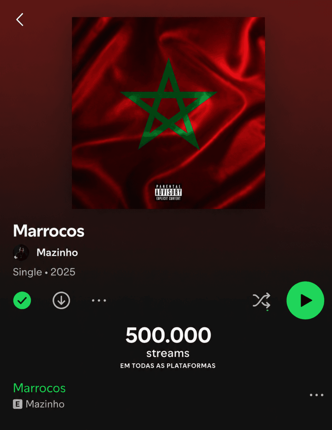 500 mil streams em ‘Marrocos’. 🇲🇦❤️ Nunca imaginei receber tanto apoio num som!! Obrigado a todos os que ouviram, partilharam e acredit…