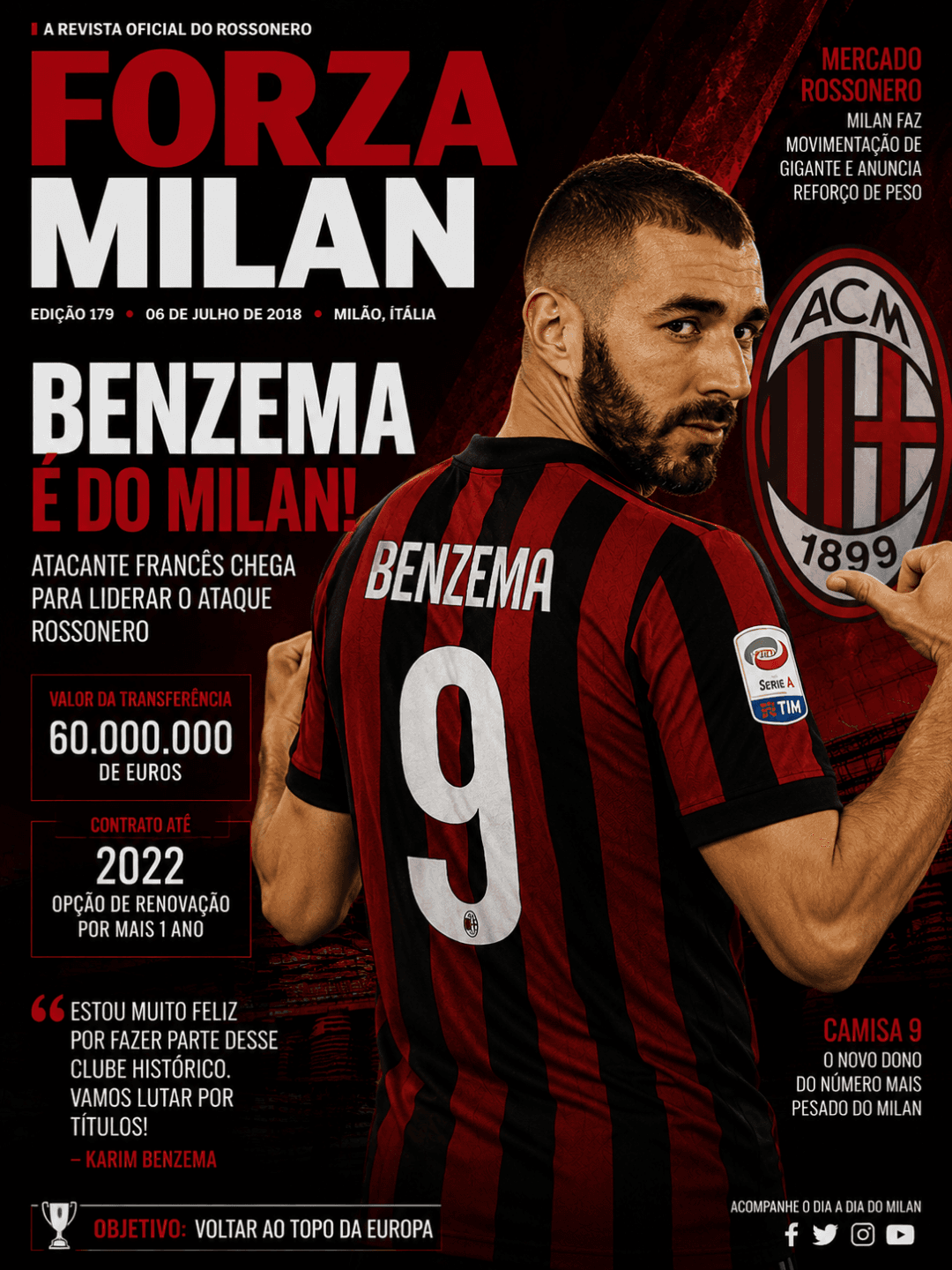 Forza Milan!!! Benzema chega ao clube já pegando a camisa nove, após a saída de Cutrone ele chega como titular tirando a vaga de piatek.