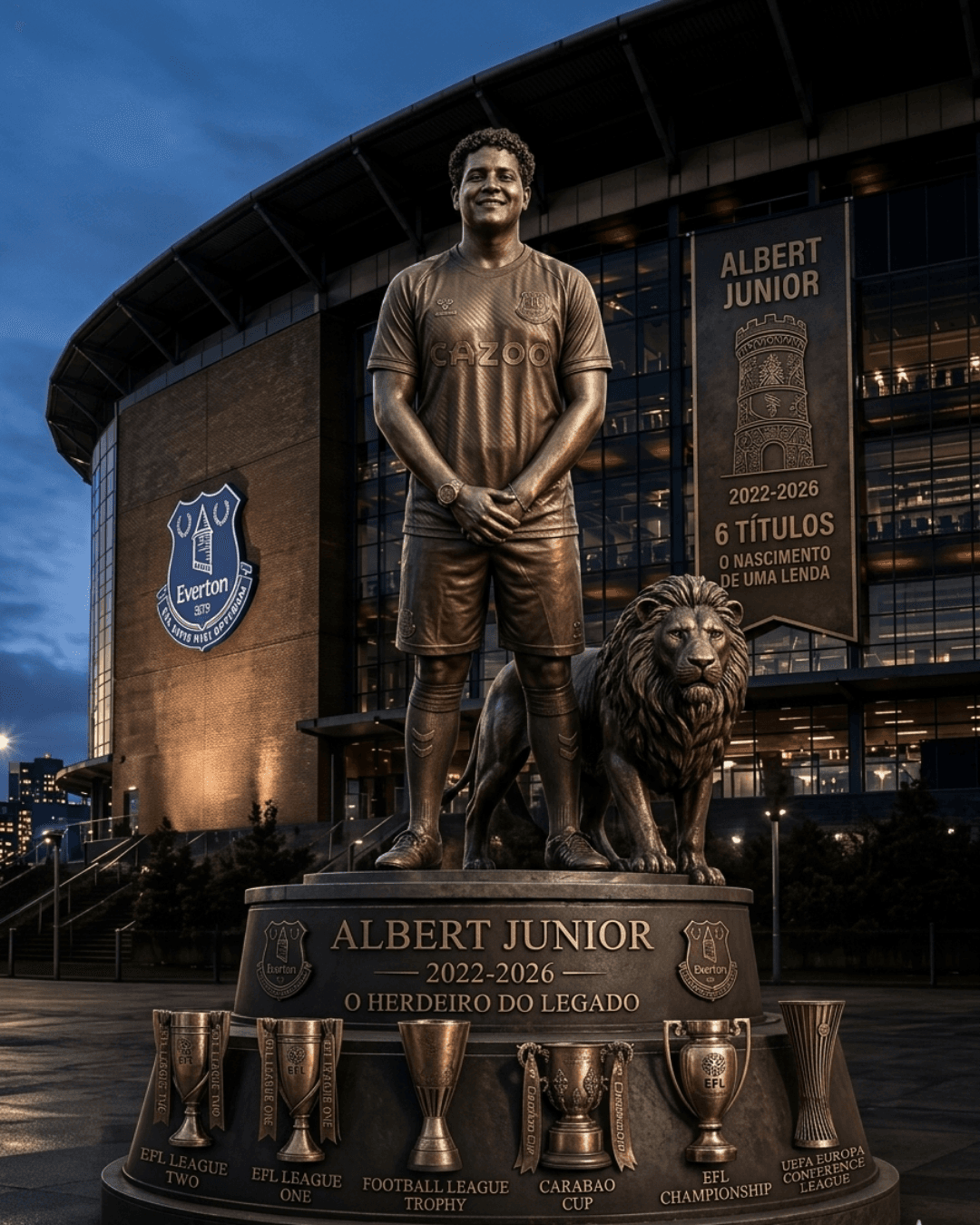 Os Torcedores dos Toffees ergueram uma estátua de Bronze ao final da temporada 2025/26 em Homenagem ao Jogador Albert pela permanência na…