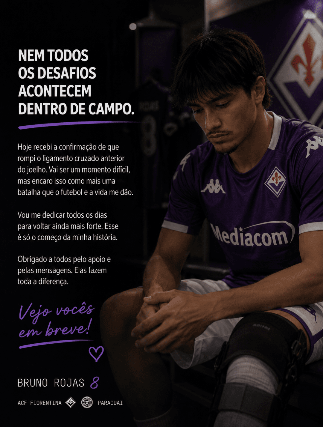 Às vezes o futebol nos coloca à prova. Hoje começa a batalha mais difícil da minha carreira. Vou vencer essa também. Obrigado por todo o …