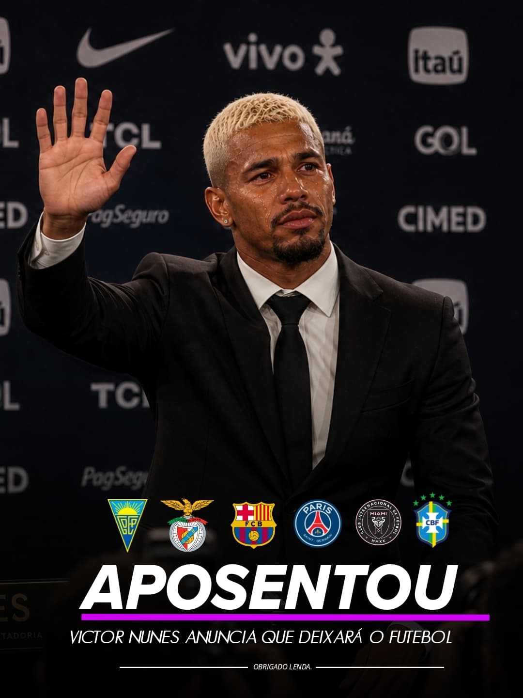 Hoje encerro minha carreira. Foram anos de sonhos, títulos, gols e momentos inesquecíveis. Dei tudo que tinha pelo futebol e pelo meu paí…