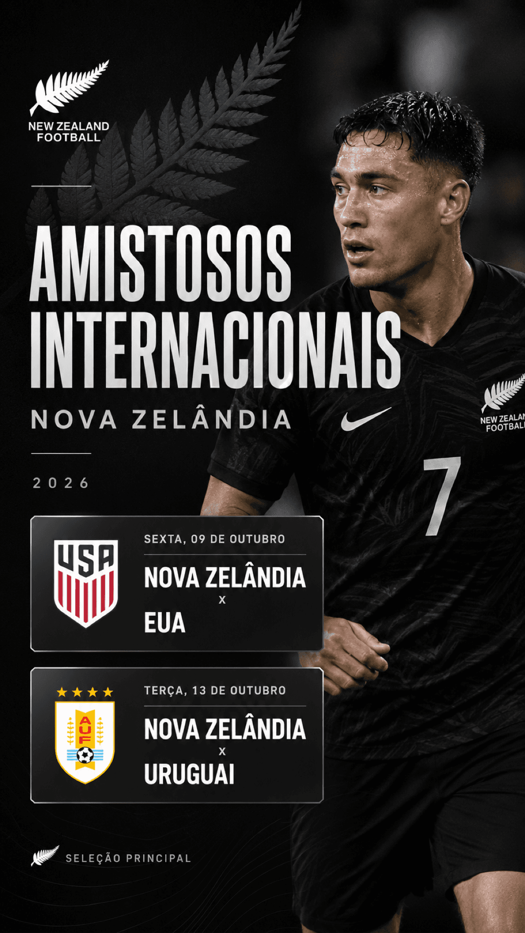 Dois grandes desafios no caminho dos All Whites. 🇳🇿 Em outubro, a Nova Zelândia encara Estados Unidos e Uruguai em amistosos internacio…