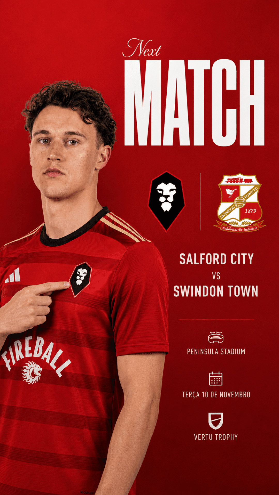 Próximo desafio: Salford City x Swindon Town. 🔴⚫ Terça-feira, no Peninsula Stadium, entramos em campo pela Vertu Trophy em busca de mais…