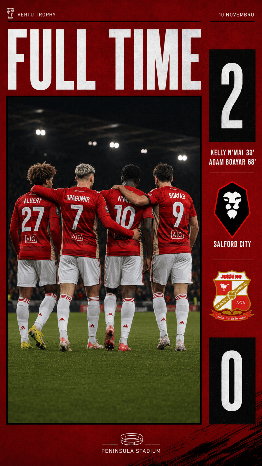 Estreia com vitória na Vertu Trophy! 🔥 No Peninsula Stadium, vencemos o Swindon Town por 2 a 0, com gols de Kelly N’Mai e Adam Boayar. C…