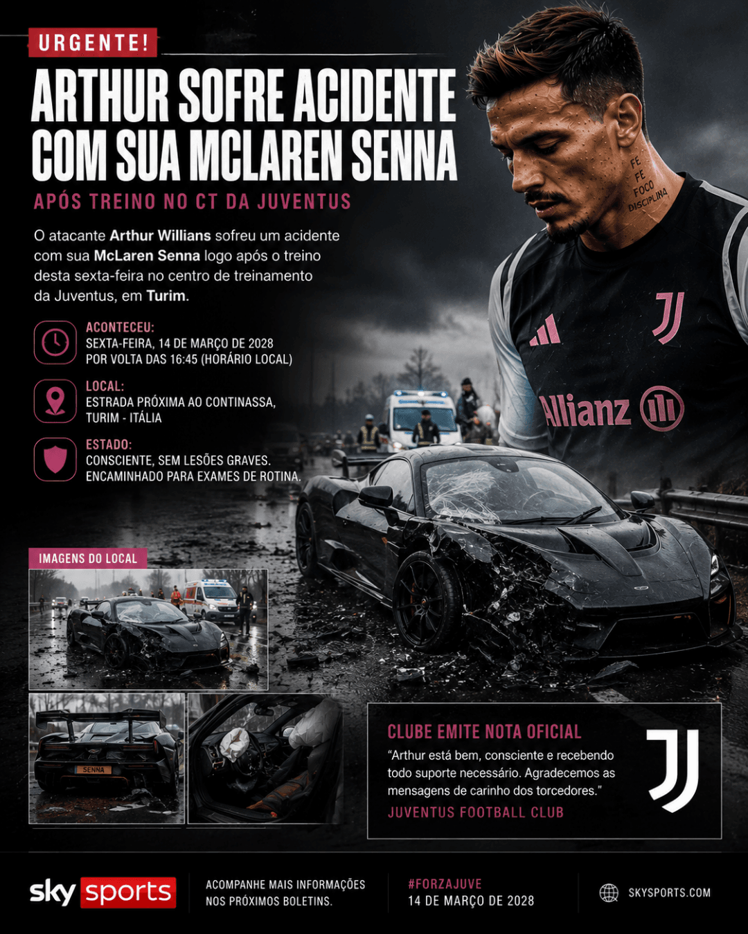 🚨 SUSTO EM TURIM! Arthur Willians sofreu um acidente com sua McLaren Senna após deixar o CT da Juventus. O atacante inglês passa bem, es…