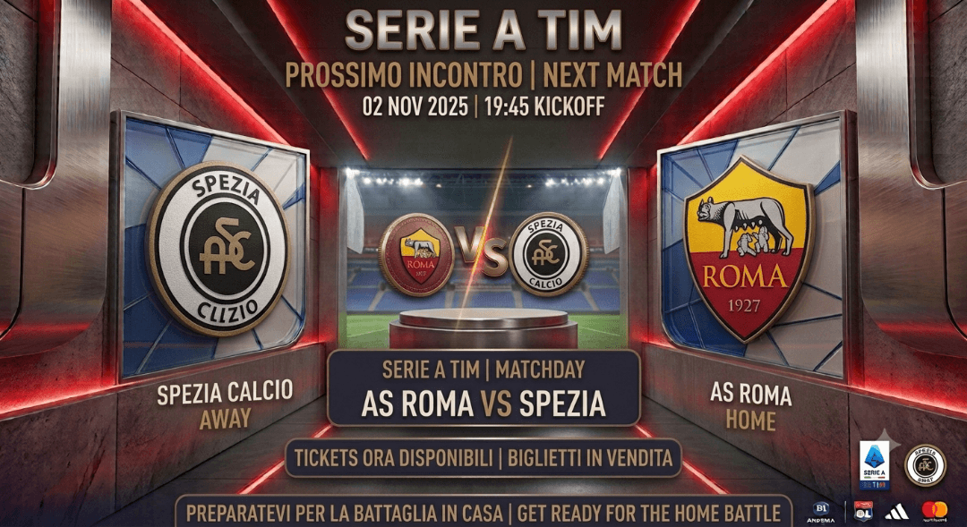 La prossima sfida è qui! 🏟️⚽️ Il 2 novembre 2025 alle 19:45, l'AS Roma affronta lo Spezia Calcio in casa! Unitevi a noi per un'epica bat…
