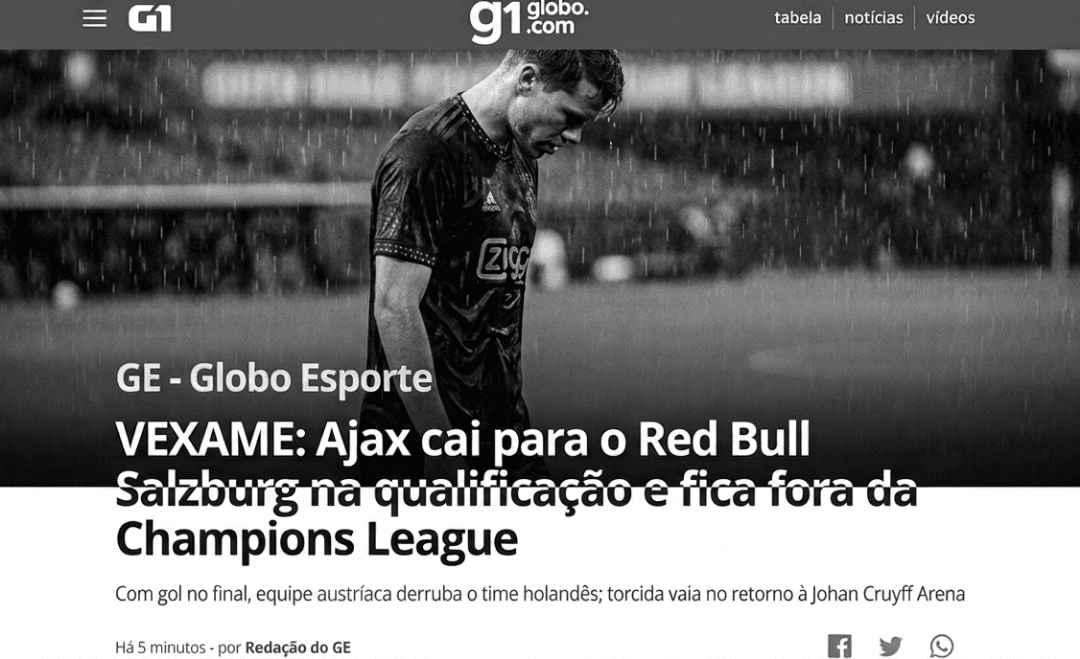 Ajax é eliminado da qualificação para UEFA Champions league de 4 a 3 para Red Bull Salzburg nos agregados