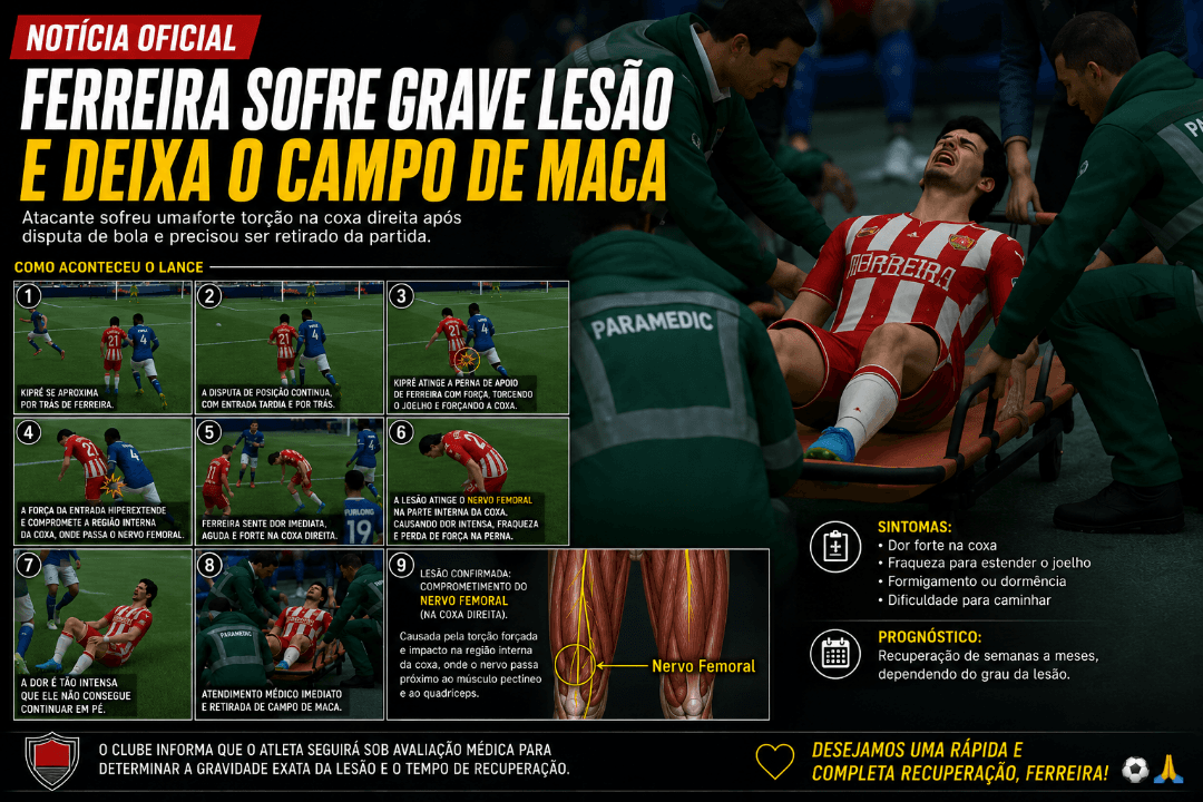 O atacante Ferreira, camisa 21, sofreu uma grave lesão durante a partida após uma disputa de bola. No lance, o defensor adversário chegou…