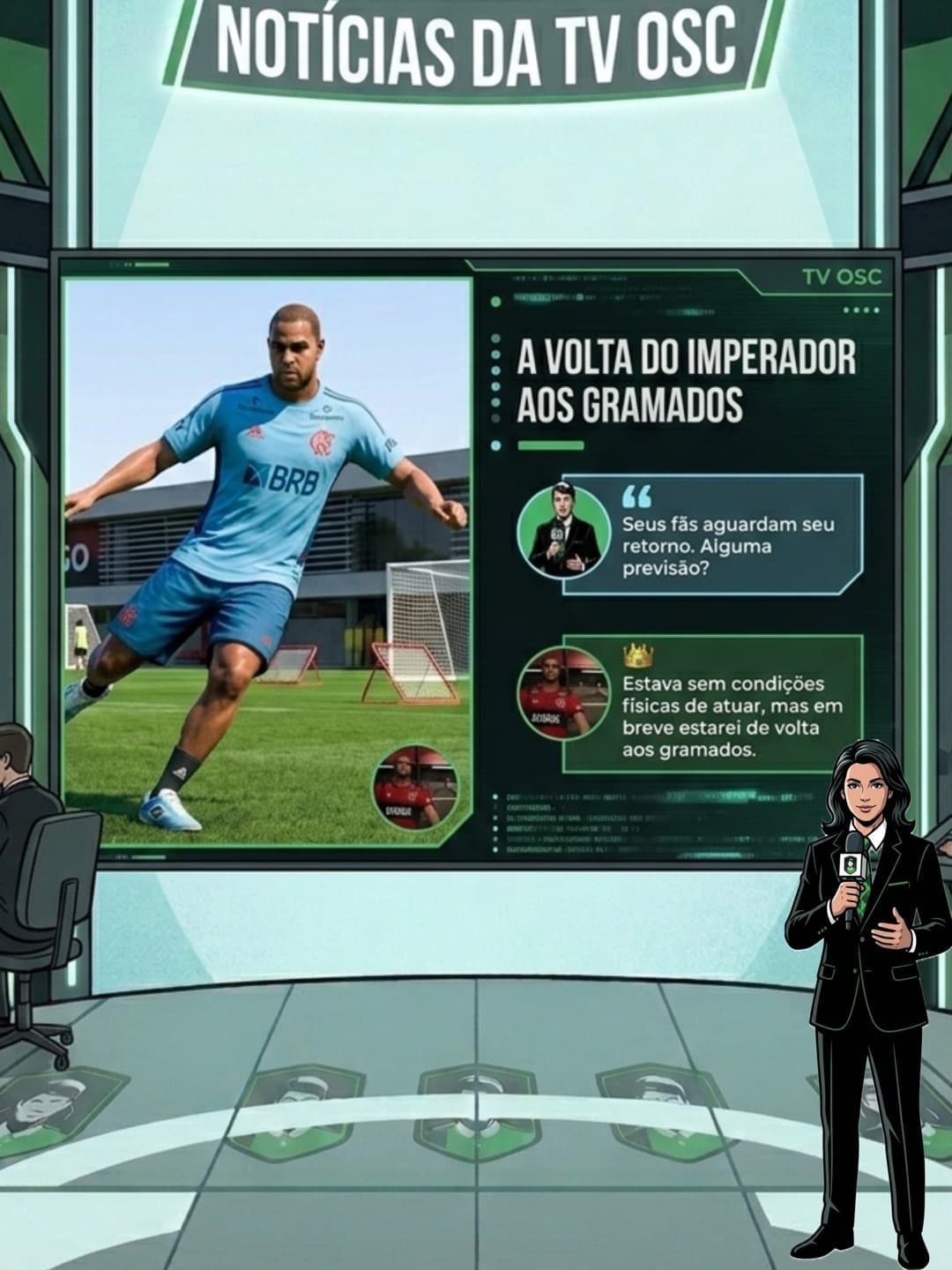 Entrevista com {@}[Adriano Imperador](69e9277b8e6583e4c0d9cdd2) o mesmo informa que em breve está de volta aos gramados. 📡Tv OSC 💚 A Tv…
