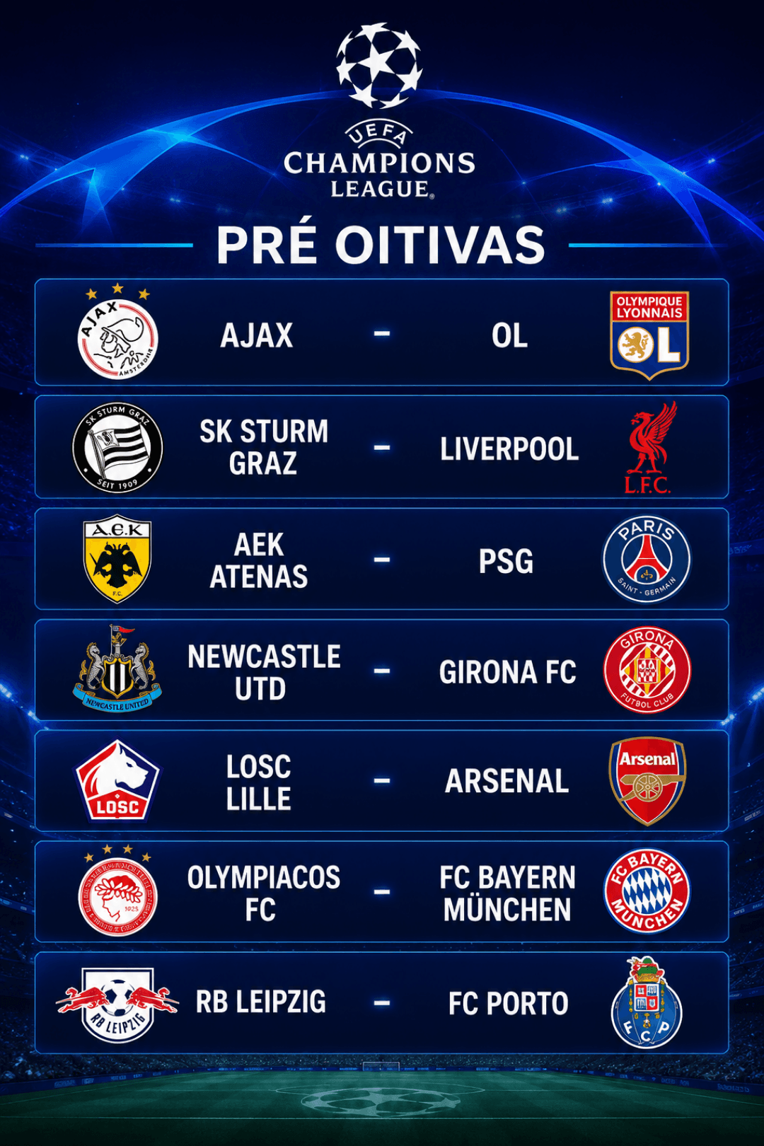 PRÉ OITIVAS UEFA CHAMPIONS LEAGUE CONFRONTOS DEFINIDOS AJAX-OL SK STRURM GRAZ- LIVERPOOL AEK ATENAS-PSG NEWCASTLE UTD-GIRONA FC LOSC LILL…