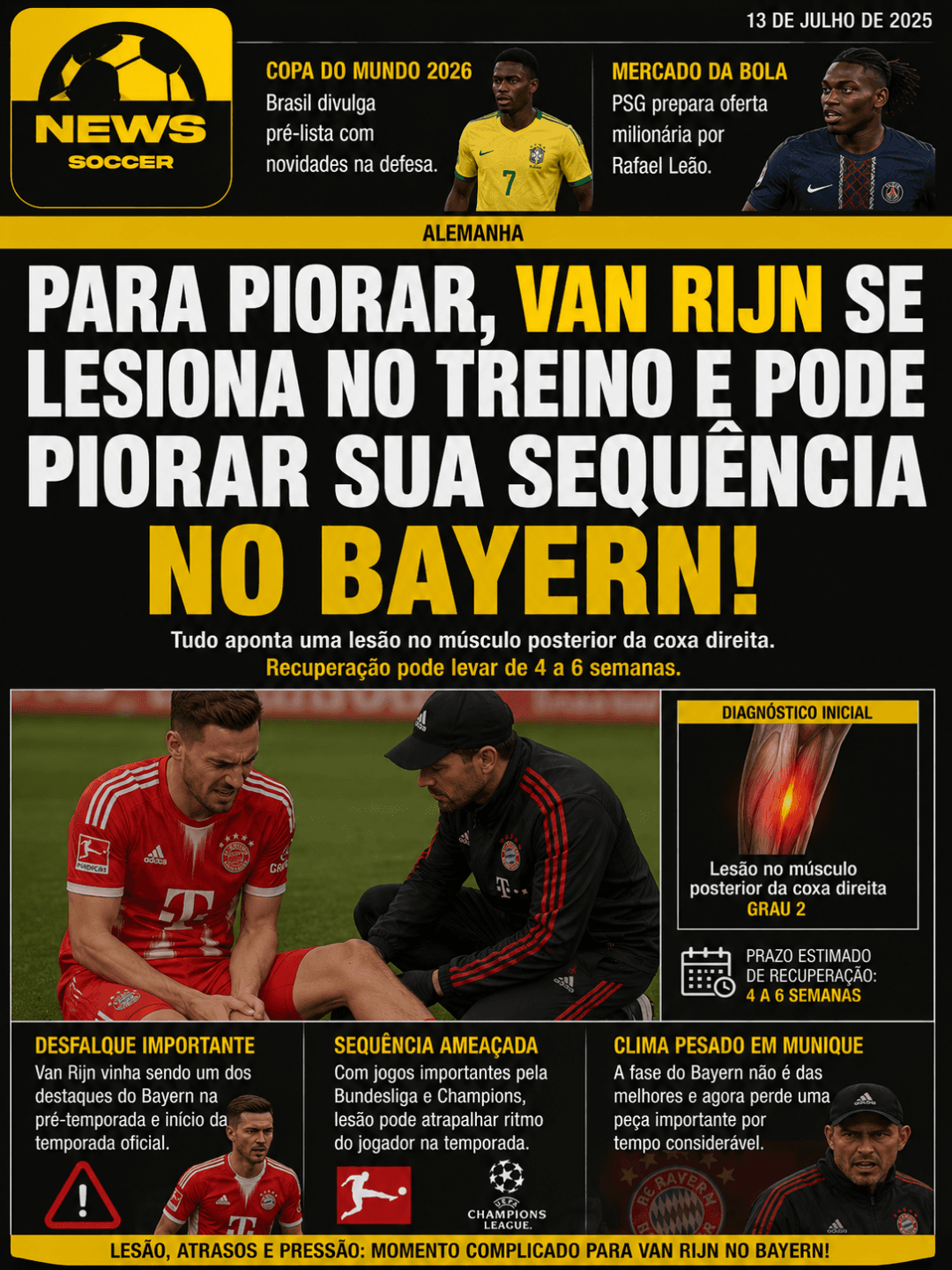 🚨 Que sequência péssima 😬 Ruben se machucou no treino e pode desfalcar bastantes jogo do bayern de Munique 🔥