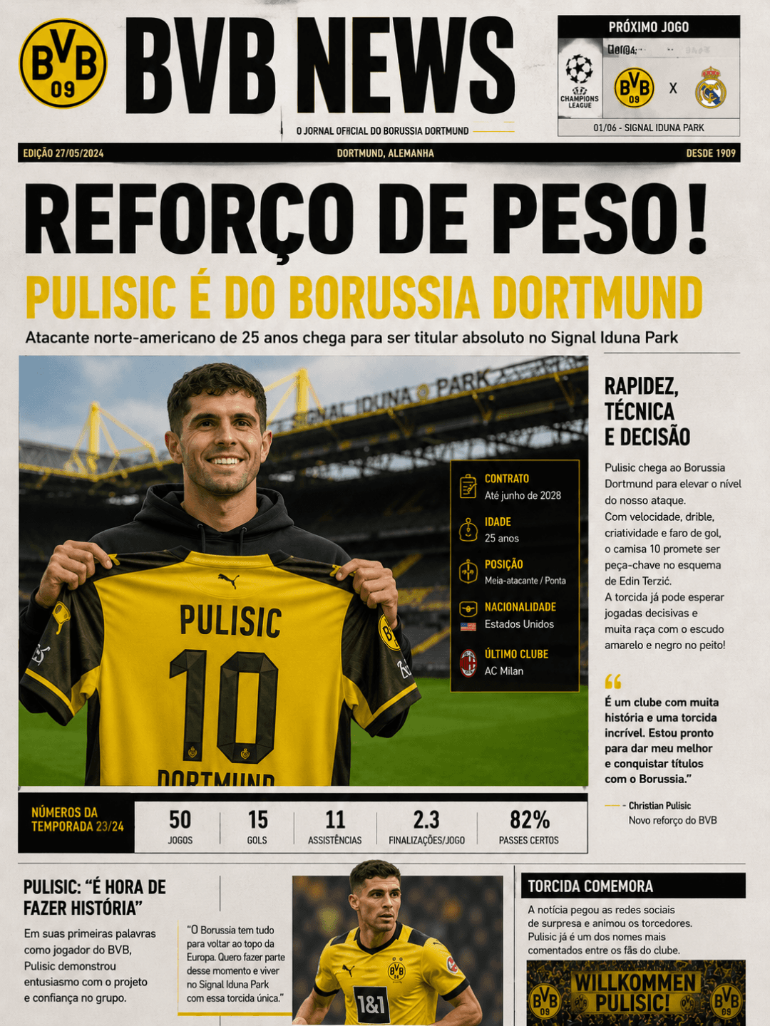 Pulisic é do Borussia Dortmund novo reforço do Borussia depois do hakimi