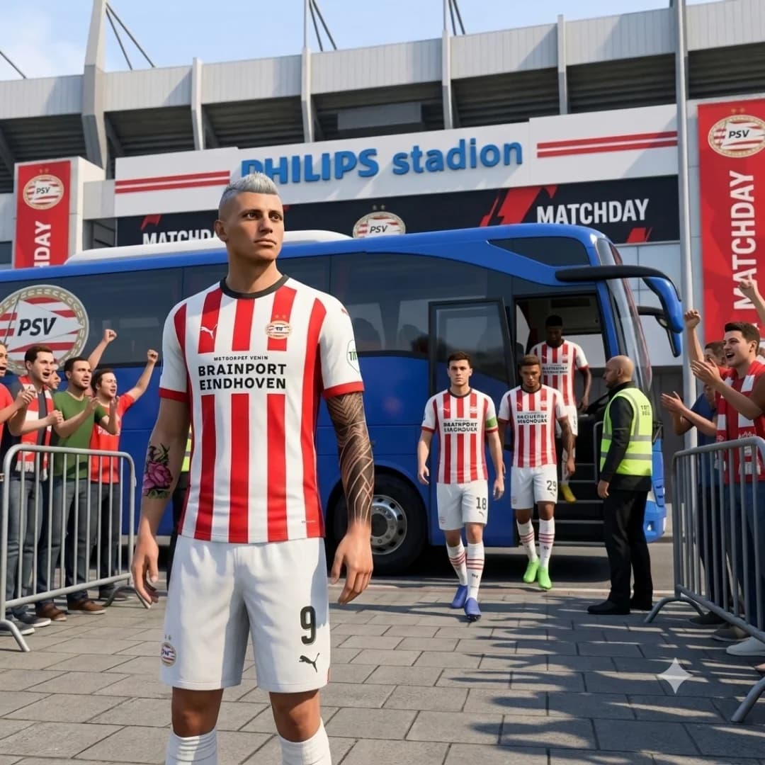 📍 Chegada ao Philips Stadion 🚌⚪🔴 A concentração é total. Isaak acaba de descer do ônibus oficial do PSV e faz uma breve pausa diante d…