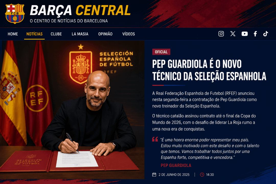 🚨 OFICIAL! Pep Guardiola é o novo treinador da Seleção Espanhola. Após anos de sucesso nos clubes, o técnico catalão assume La Roja com …