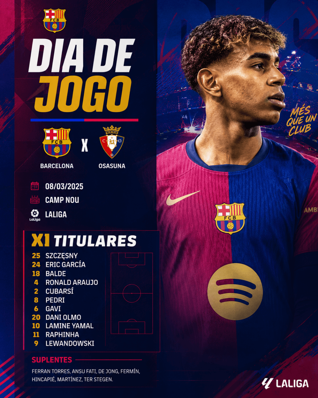 🔵🔴 Dia de jogo no Camp Nou! Estes são os nossos titulares para enfrentar o Osasuna pela LaLiga. Força, Barça! 💪⚽ #FCBarcelona #DiaDeJo…