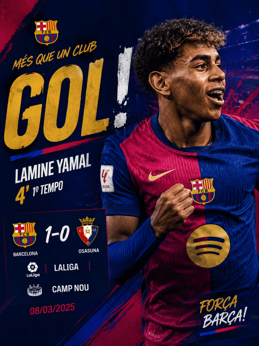 ⚽ GOOOOOOL! Aos 4' do primeiro tempo, Lamine Yamal abre o placar no Camp Nou e coloca o Barcelona em vantagem sobre o Osasuna! 💙❤️ Vamos…