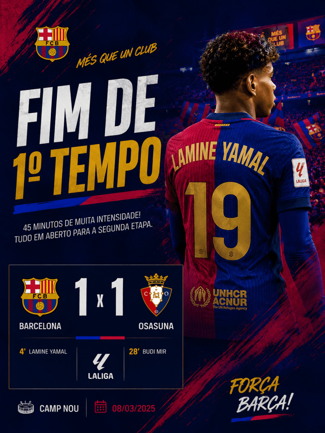 ⏸️ Intervalo no Camp Nou. O Barcelona vai empatando em 1 a 1 com o Osasuna. Lamine Yamal marcou para o Barça aos 4', e a decisão fica par…