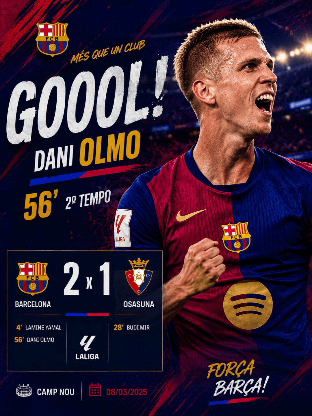 ⚽ GOOOOOOL DO BARÇA! Dani Olmo marca aos 56' e recoloca o Barcelona na frente no Camp Nou! 🔥 Agora o placar é 2 a 1 sobre o Osasuna. Vam…