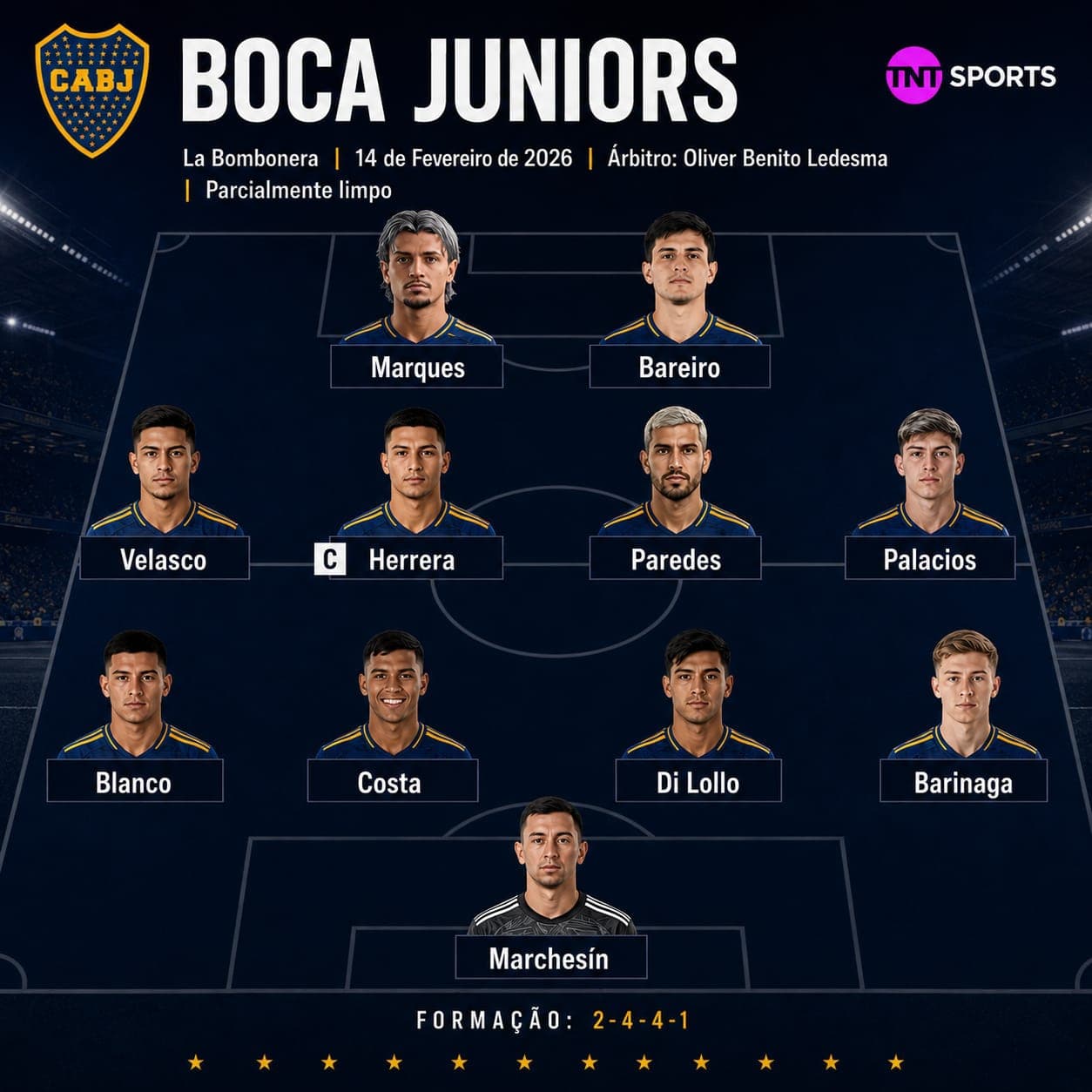 📋 ESCALAÇÃO CONFIRMADA! E tem novidade: Marques começa como titular pela primeira vez no Boca Juniors. O brasileiro ganhou a confiança d…