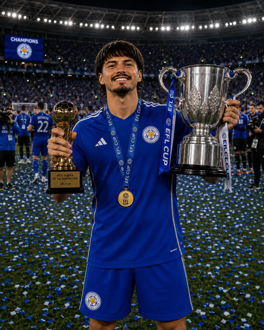 Que noite especial! Levamos a EFL Cup para casa e tive a felicidade de marcar o gol do título e receber o prêmio de Melhor Jogador da Com…