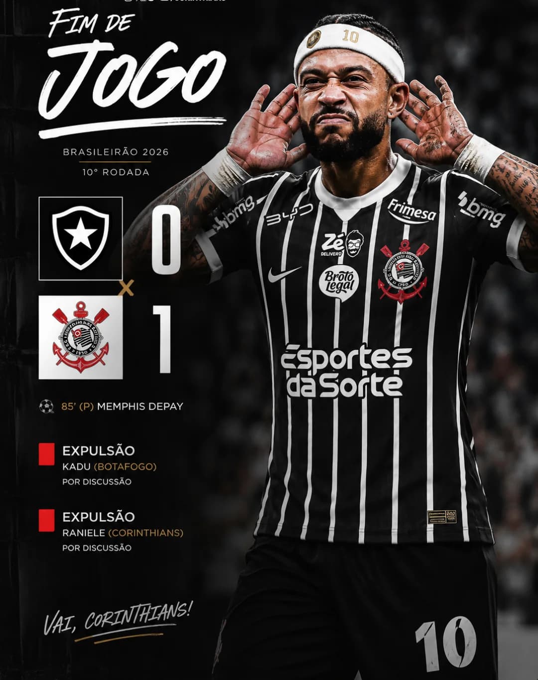 Vencemos fora de casa. Lamentável oq aconteceu mas agora ocorre tudo bem, Raniele está suspenso do próximo jogo. Vamos timão 🖤🤍
