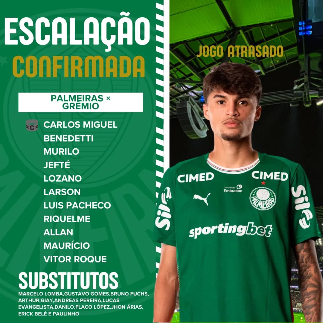 Palmeiras escalado para o confronto atrasado contra o Grêmio válido pela 28⁰ rodada do Brasileirão!