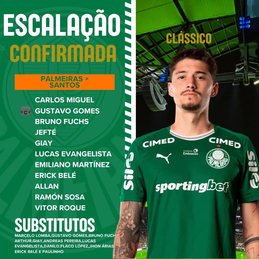 Palmeiras escalado para o jogo de volta das quartas da Copa do Brasil contra o Santos na NUbank Parque!