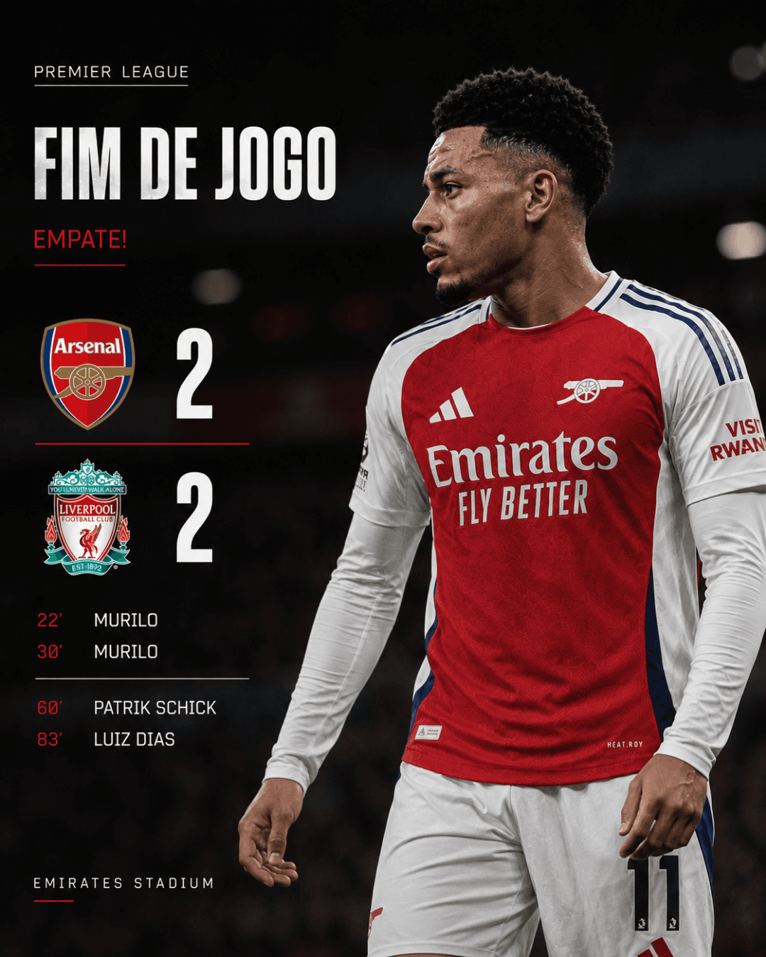 Jogo difícil mas conseguimos 1 ponto! Pra cima arsenal ❤️🤍 #arsenal #premierleague #murilo11 #emirates