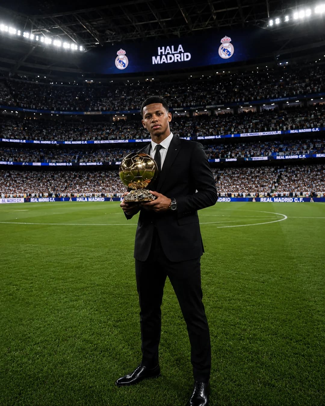 O sonho de uma vida, no lugar onde os maiores fizeram história. 🏆🤍 Ballon d’Or no Bernabéu. Hoje, meu nome também está na história. 👑