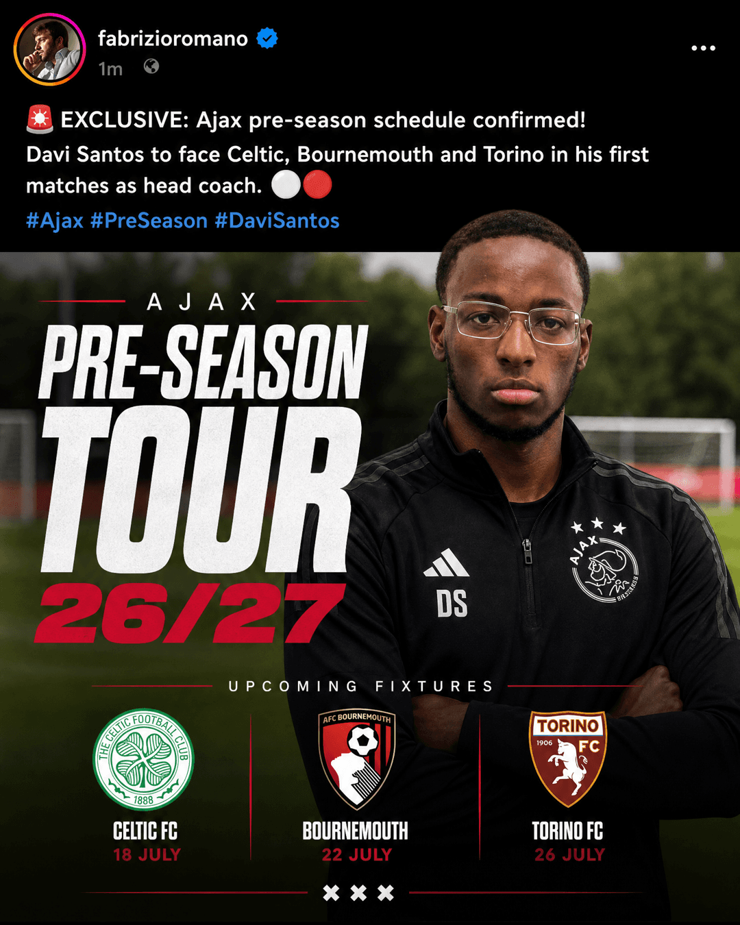 🚨 EXCLUSIVO: PRÉ-TEMPORADA DO AJAX CONFIRMADA! ⚪️🔴 A “Era Davi Santos” começa oficialmente com três grandes desafios internacionais! O …