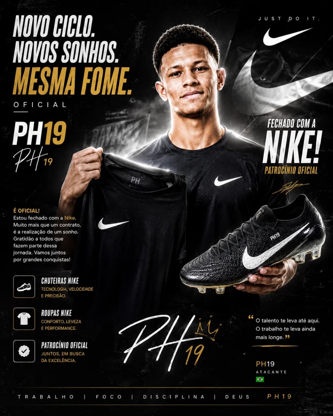 Grandes sonhos exigem grandes parceiros. 🤝 É uma honra fazer parte da família Nike. O trabalho continua. 🖤👟⚽