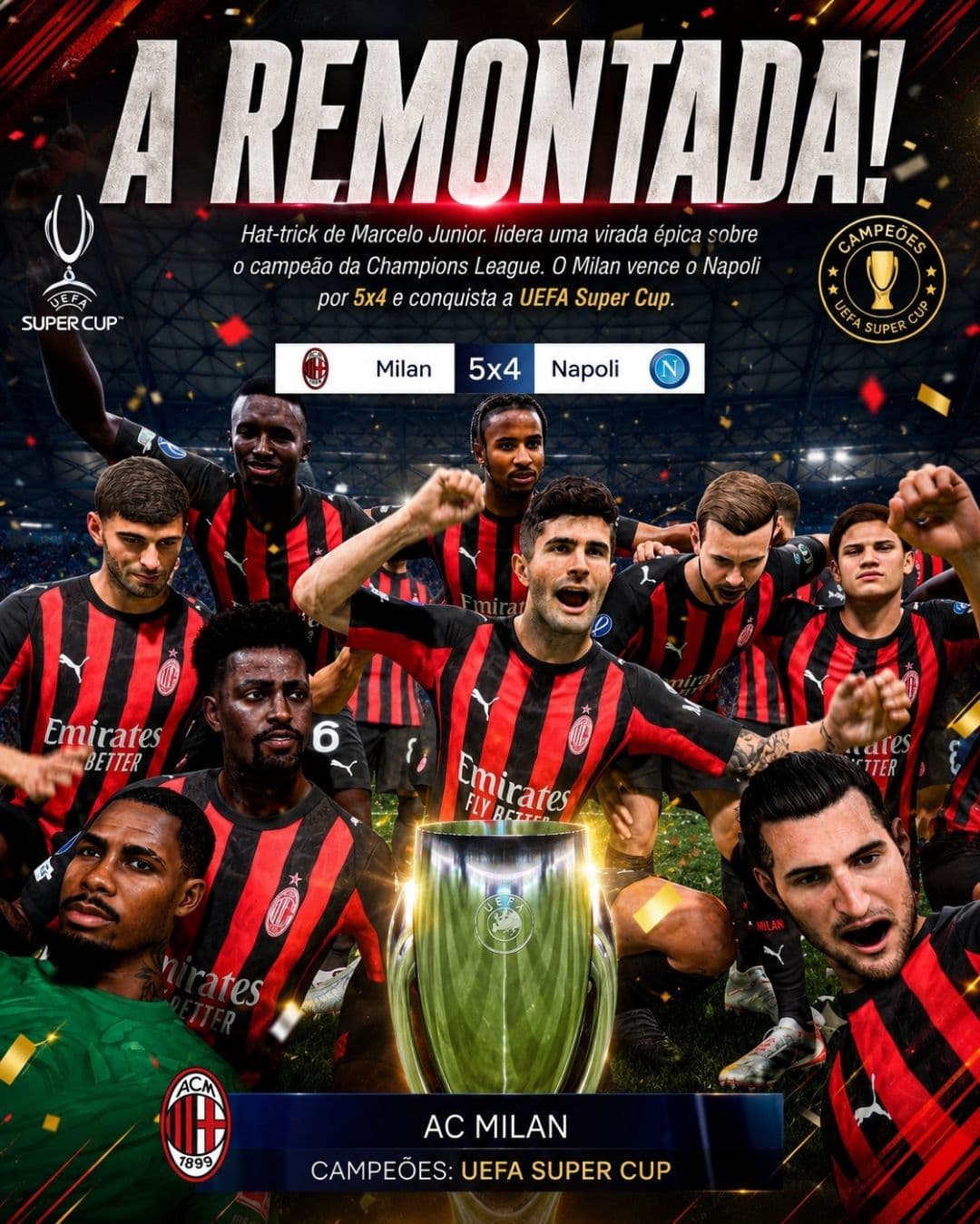 🏆 A REMONTADA É NOSSA! ❤️🖤 Com um hat-trick de Marcelo Jr., o Milan buscou uma virada histórica sobre o campeão da Champions League, ve…
