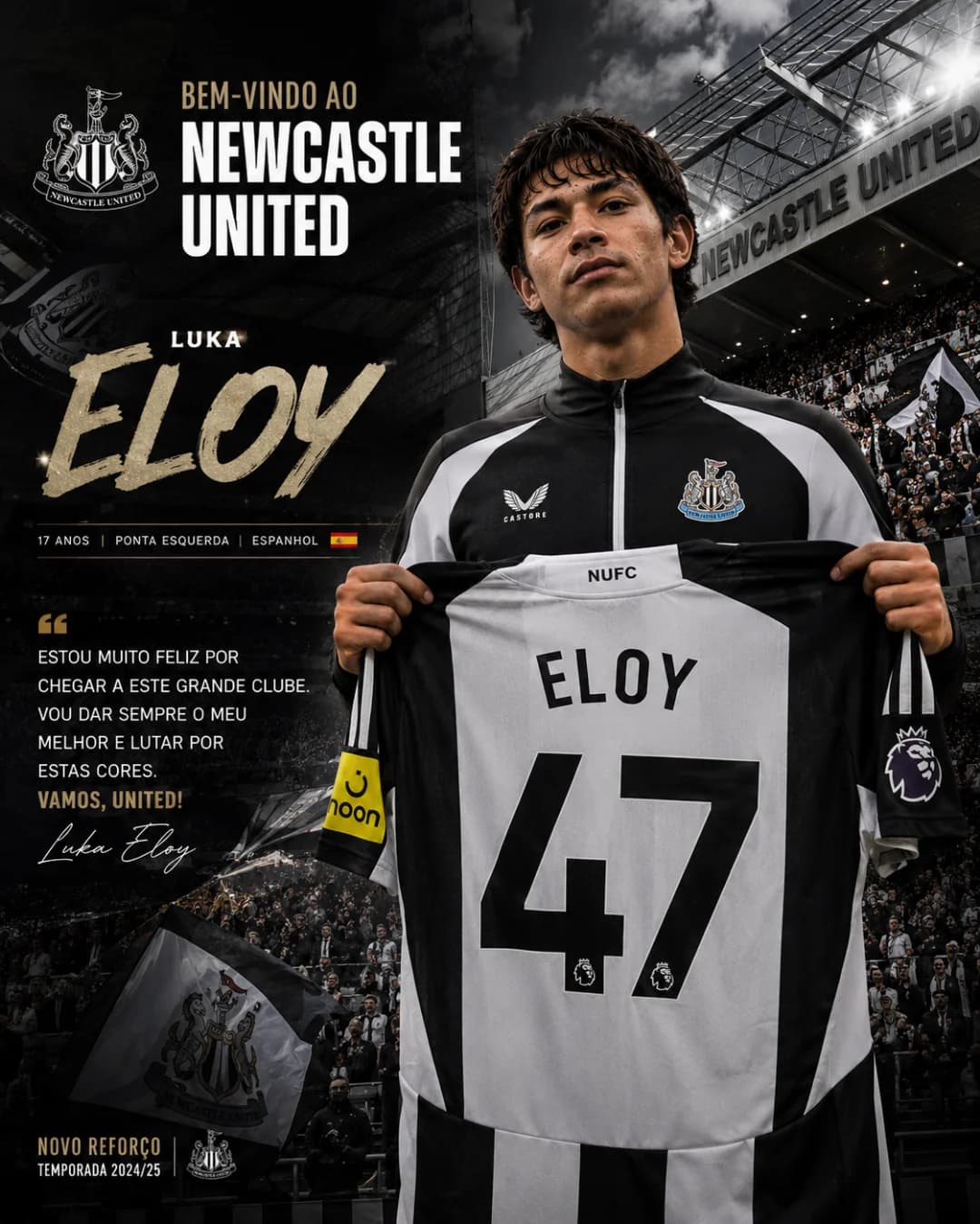 🖤🤍 Bem-vindo ao Newcastle United! É uma honra vestir esta camisa e começar um novo capítulo da minha carreira. Agradeço ao clube pela c…