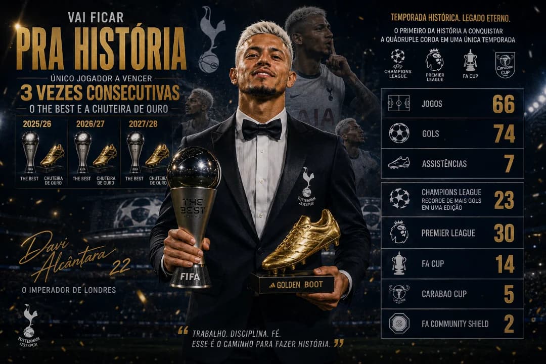 Histórico! Davi Alcântara tornou-se o primeiro jogador da história a vencer o The Best e a Chuteira de Ouro por 3 temporadas consecutivas…