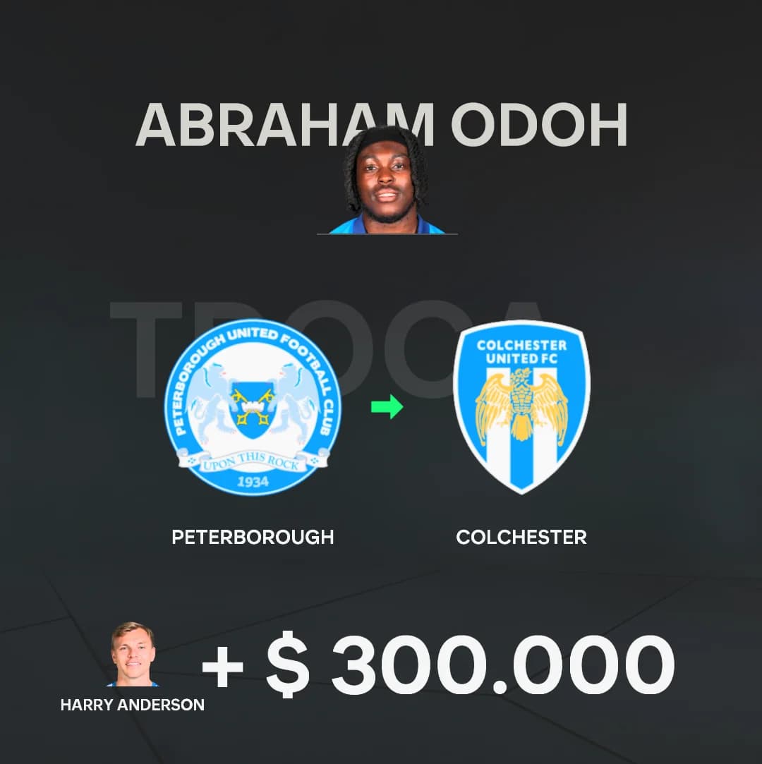 Abraham Odoh acaba de chegar na cidade de colchester pra reforçar o time do Colchester United, em troca pelo meia direita Anderson mais 3…