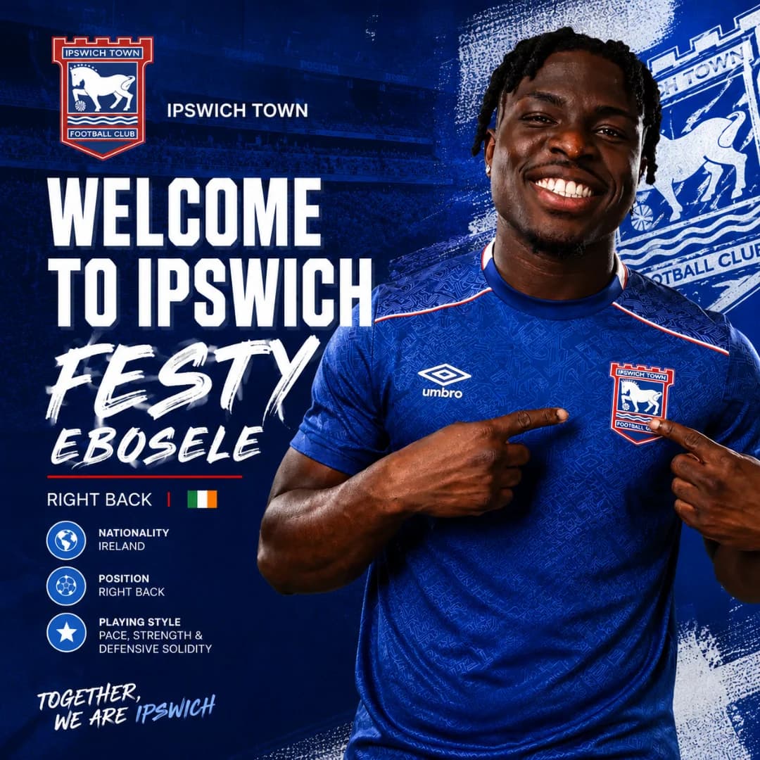 ✍️ Bem-vindo a Suffolk, Festy Ebosele! 🇮🇪⚽️ O veloz lateral-direito chega para reforçar os Tractor Boys em busca de uma nova era no Por…