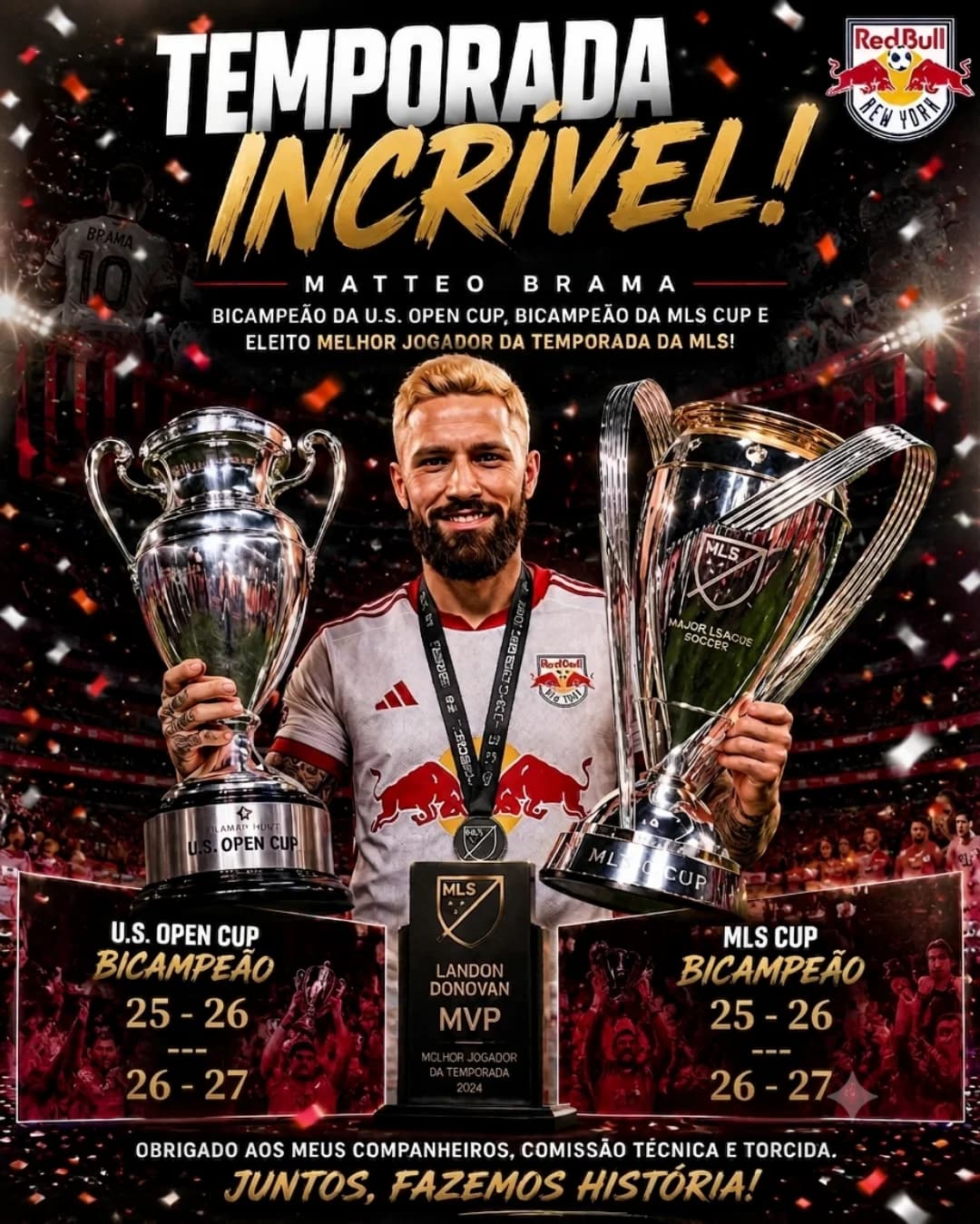 Bicampeão da MLS Cup, da US Open Cup e MVP! Agradeço a todos que fizeram parte dessa jornada inesquecível. Fizemos história juntos em NY!…