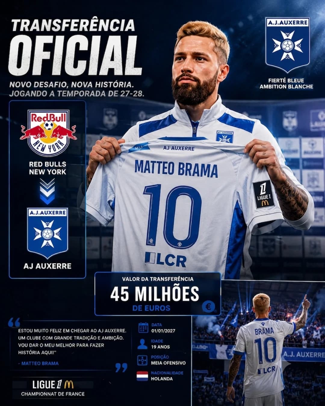 Pronto para este novo desafio no @AJAuxerre! É uma honra vestir essa camisa no futebol europeu aos 19 anos. Vamos juntos fazer história n…