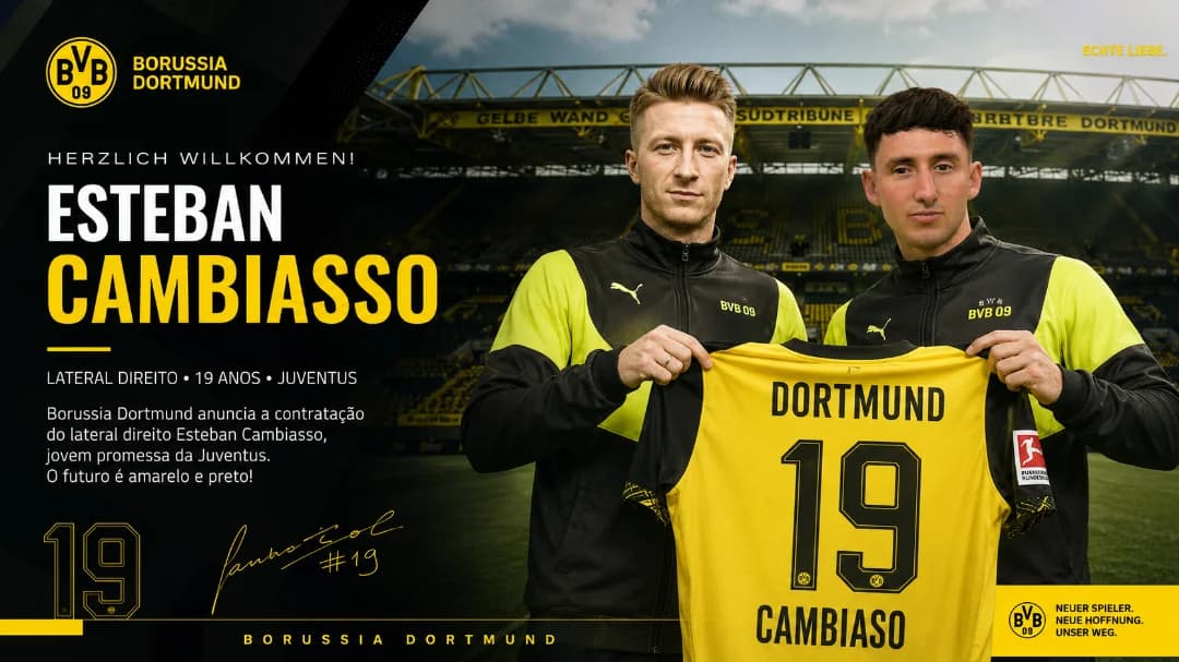 Bem-vindo ao Borussia Dortmund, Cambiasso! 🟡⚫ Após a saída de Dumfries para o PSG, reforçamos nossa lateral direita com um dos jovens ma…