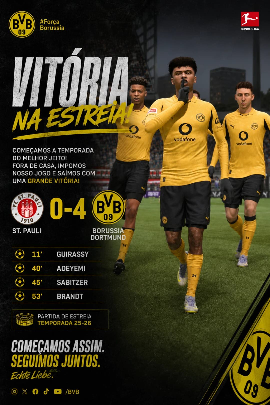 Estreia de Marco Reus com autoridade! Vitória por 4–0 sobre o St. Pauli fora de casa. Gols de Guirassy, Adeyemi, Sabitzer e Brandt. Desta…