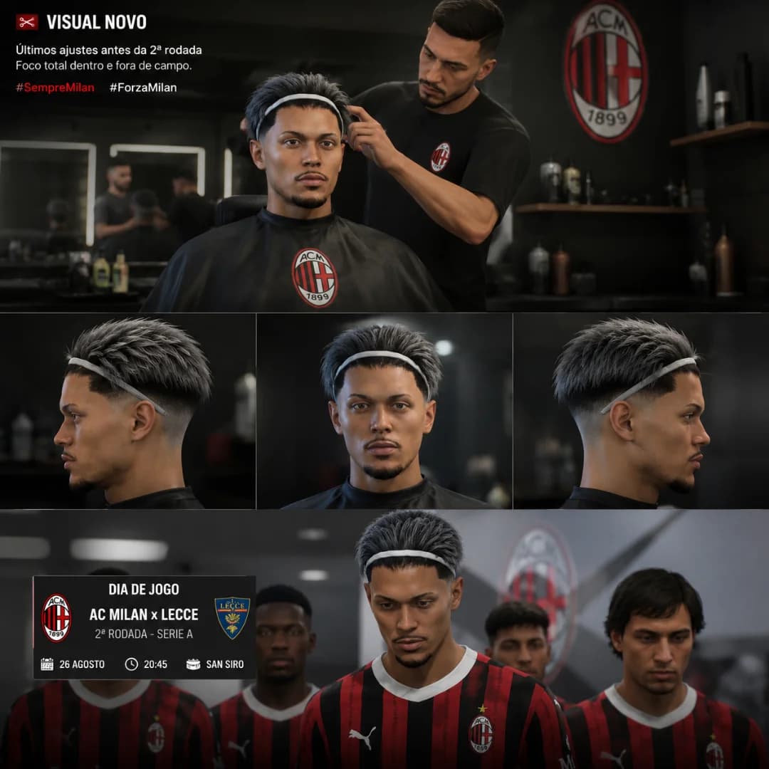 Visual novo, mesma fome de vencer. 💈⚽ Pronto para mais um desafio. Agora é foco total na 2ª rodada. Vamos, Milan! ❤️🖤 #ForzaMilan #NewL…