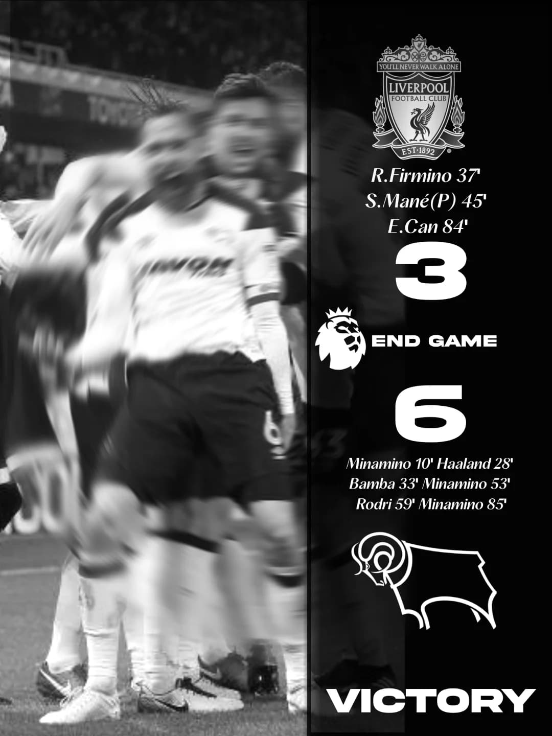 VICTORY!⚪⚫ VITÓRIA!⚪⚫ Minamino 3x, Haaland, Bamba e Rodri garantiram nosso 3 pontos na Premier League! #LetsgoDerby #Macron