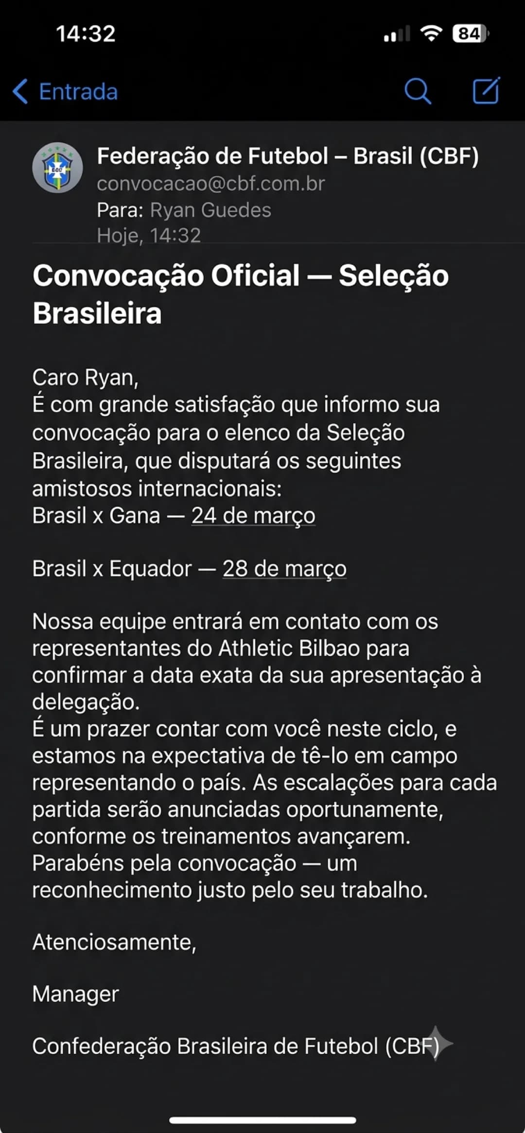 Chegou o dia. Obrigado, Deus, pela oportunidade de vestir essa camisa. 🇧🇷💛💚