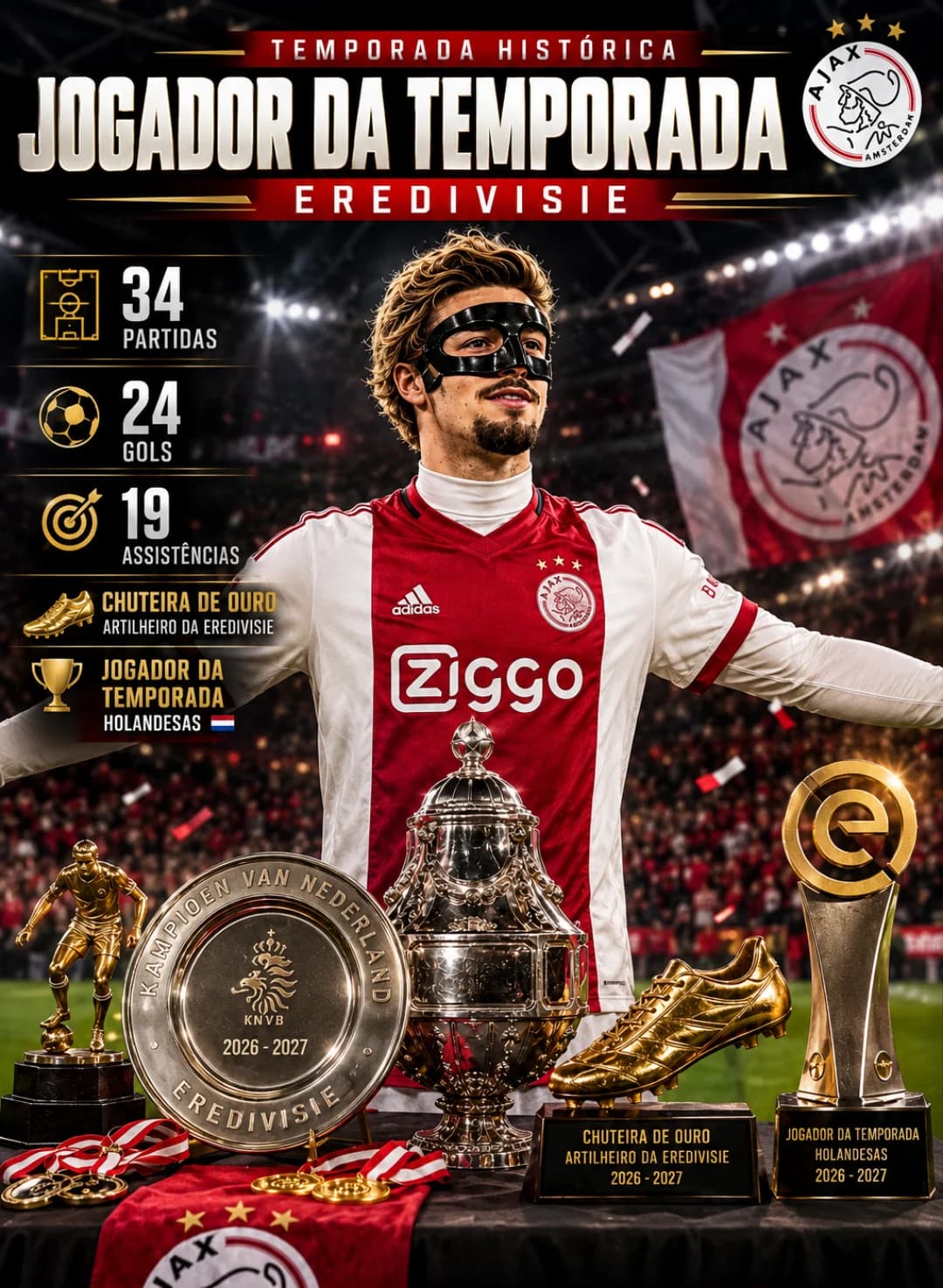 "Que temporada incrível vivemos juntos! 🏆 Conquistamos a Eredivisie e a Oranje Beker, e recebi a Chuteira de Ouro e o prêmio de Jogador …