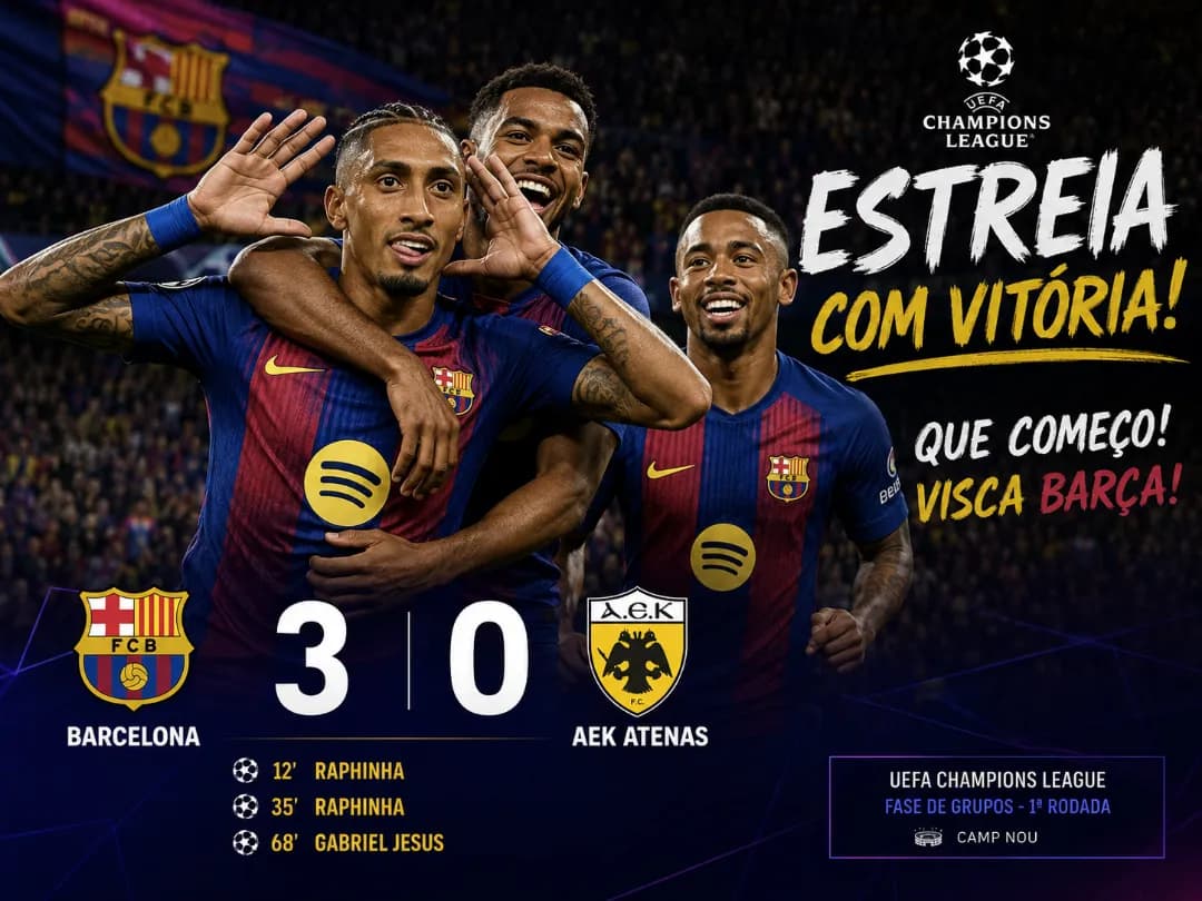 2 gols de raphinha 1 gol e 1 assistência de Gabriel Jesus, Barcelona vence e convence
