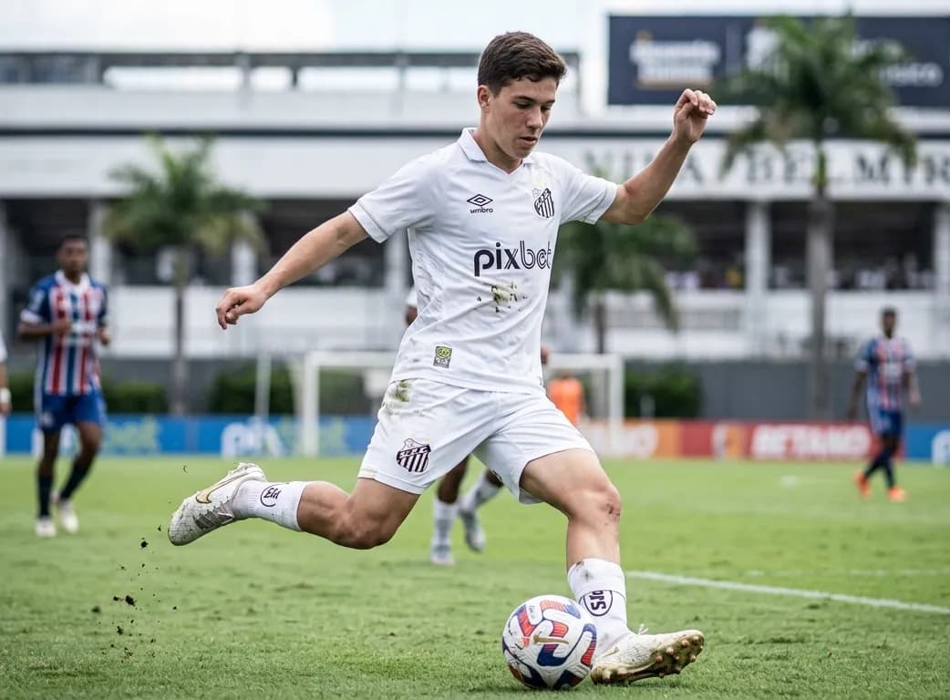 🚨 PROMESSA DA BASE! Aos 17 anos, Fael Pellegrini ganha sua chance no profissional do Santos. Com 1,81m, o jovem destro se destaca pela f…