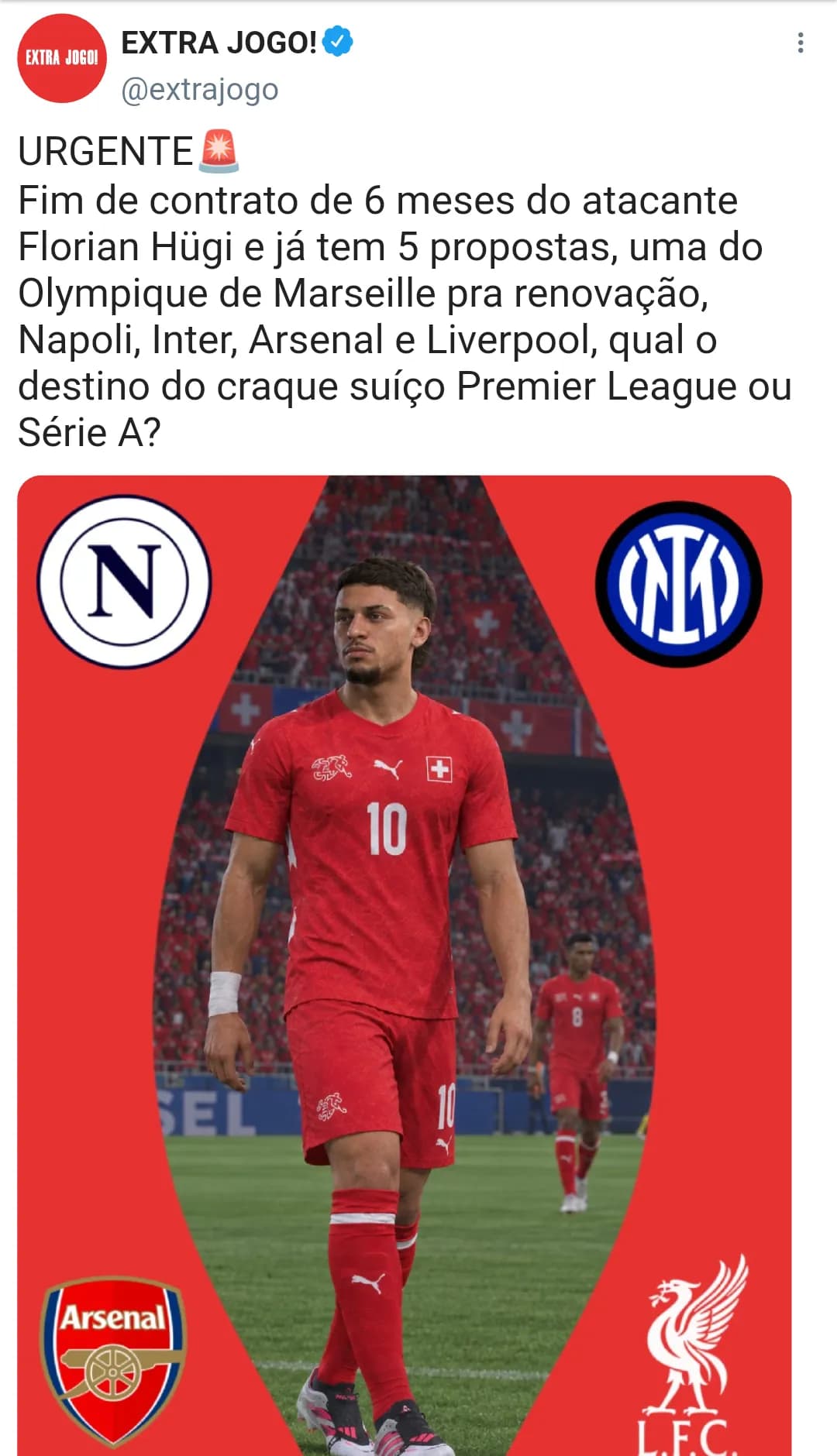 URGENTE🚨 Fim de contrato de 6 meses do atacante Florian Hügi e já tem 5 propostas, uma do Olympique de Marseille pra renovação, Napoli, …