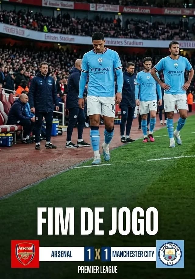Fim de Jogo Arsenal 1 X 1 Manchester City Na Premier League A disputa pela liderança está acirrada, com um jogo equilibrado, os dois time…