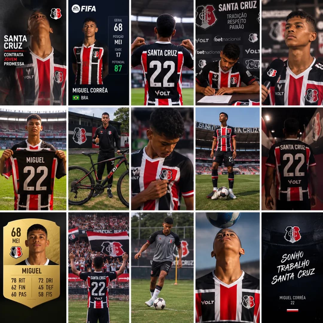Me chamo Miguel Corrêa, sou camisa 7 do Santa Cruz. Sou de Brasil. Vocês verão muito da minha história daqui pra frente. Aguardem!